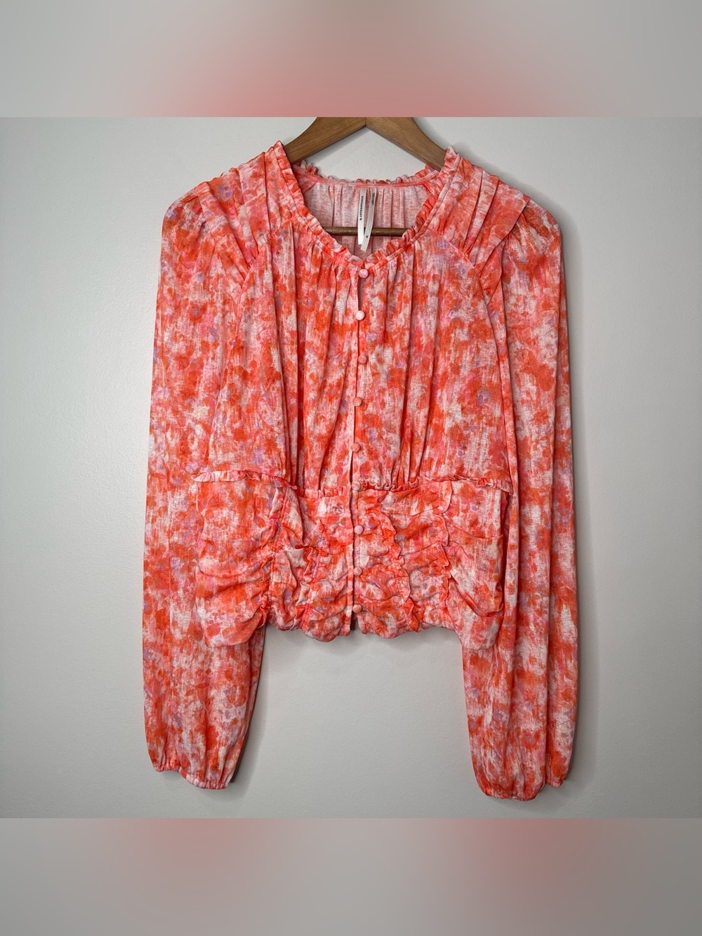 Anthropologie Orange Floral Balloon Sleeve Button Front Blouse Top Cottage XL